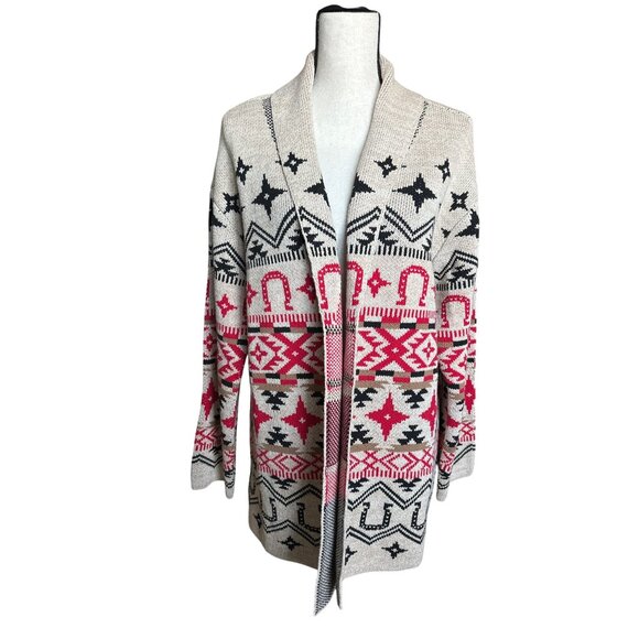 NWT Lucky Brand Tan Red Horseshoe Western Cardigan Sweater Open Front Size XL - Picture 4 of 10